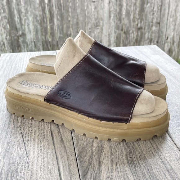Skechers Shoes - Skechers Jammers Sandals Women 11 Brown Leather Chunky Platform Slide Y2K Shoes